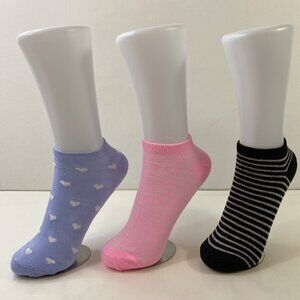 Womens Ankle Socks Set 3 Heart Print Stripes Lavender Pink Black